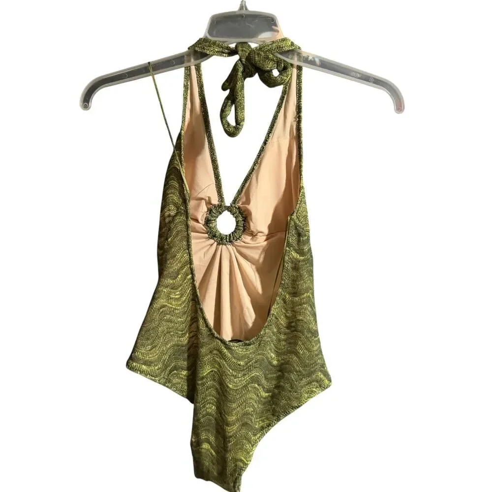 Zara Olive Green textured Halter One Piece Swismuit Ring Detail Open Back